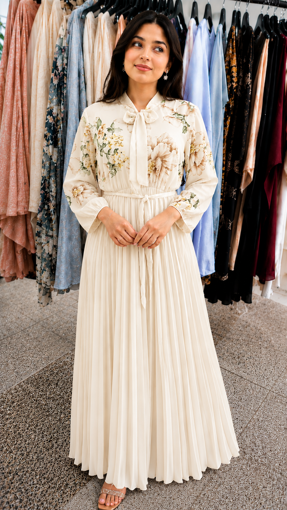 Modest Tie-Neck Floral Maxi Gown