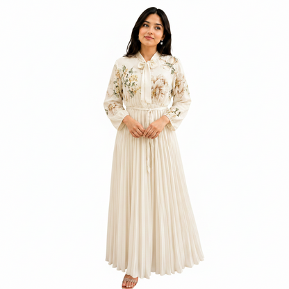 Women's Modest Tie-Neck Floral Maxi Gown Dress