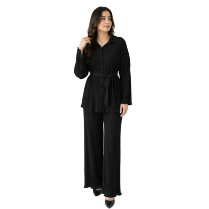 Women's Elegant Pleated Co-Ord Set | Belted Casual Outfit