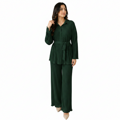 Women's Elegant Pleated Co-Ord Set | Belted Casual Outfit