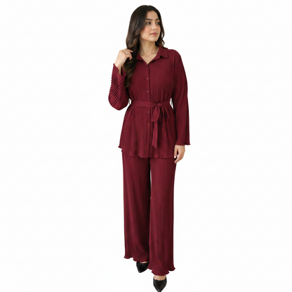 Women's Elegant Pleated Co-Ord Set | Belted Casual Outfit