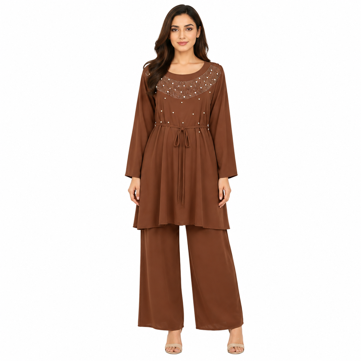 Women's Pearl Embellished Tie-Waist Co-Ord Set | Elegant Outfit