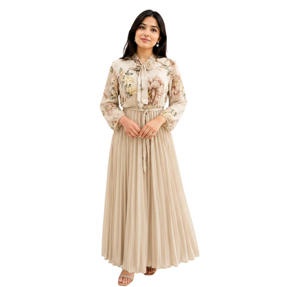 Women's Modest Tie-Neck Floral Maxi Gown Dress