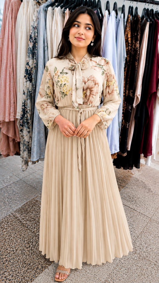Modest Tie-Neck Floral Maxi Gown
