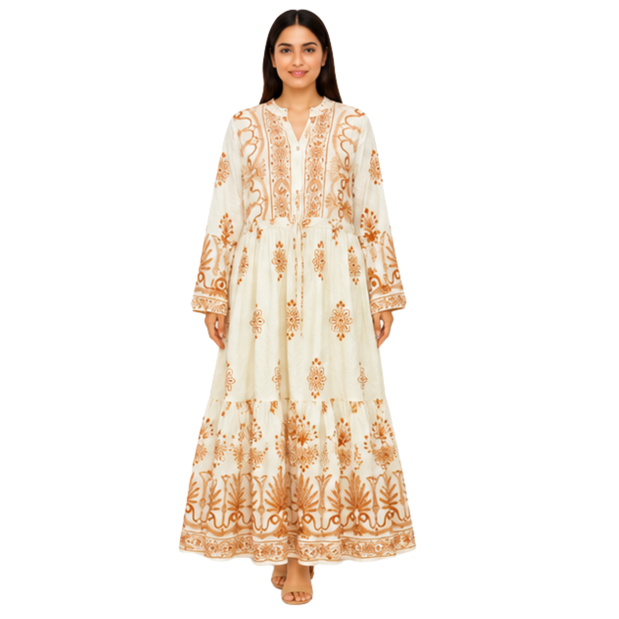 Ladies Long Dress – Printed Cotton Blend Casual Maxi Dress for Women