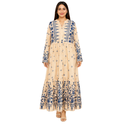Ladies Long Dress – Premium Cotton Linen Embroidered Maxi Dress for Women