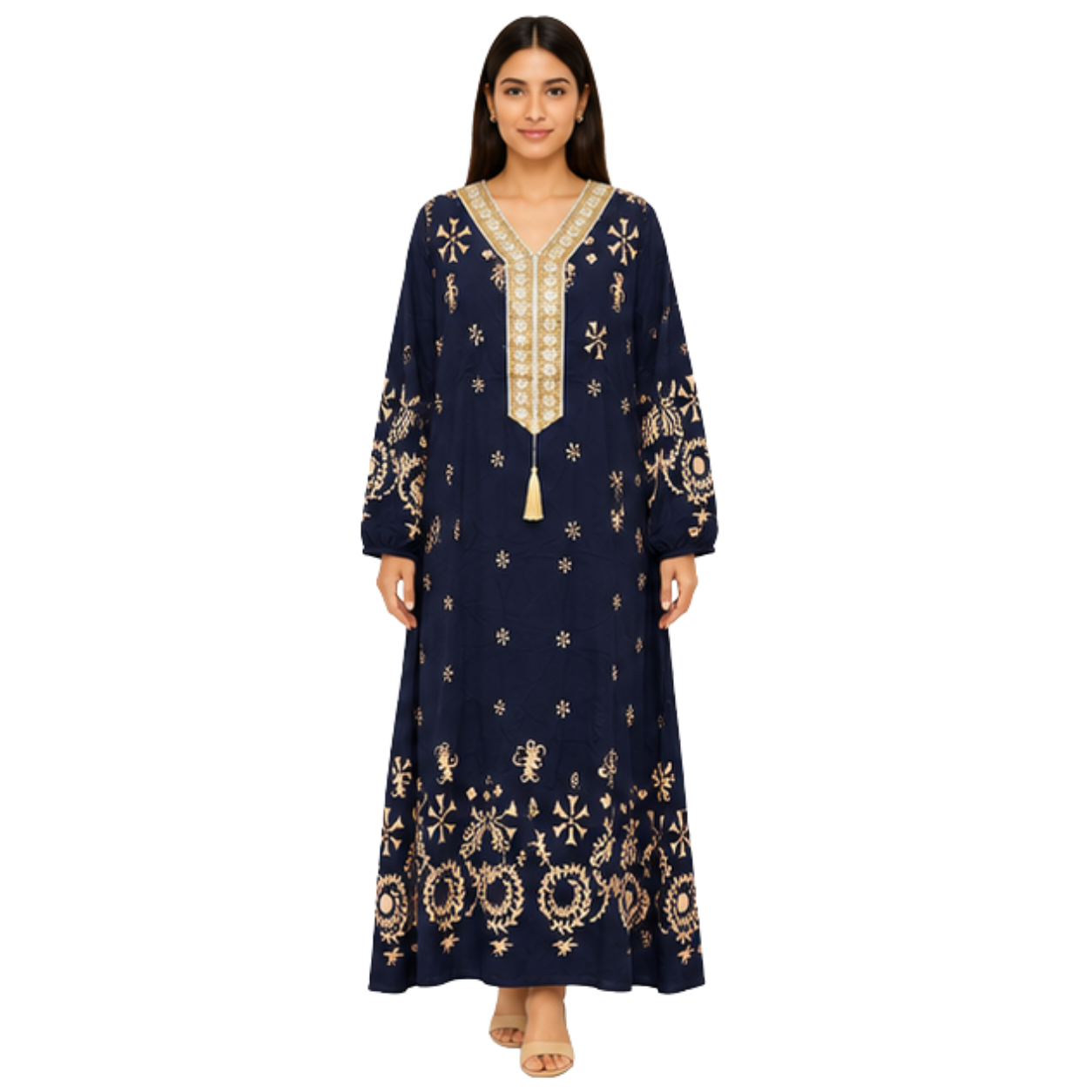 Ladies Long Dress – Embroidered Cotton Blend Casual Maxi Dress for Women