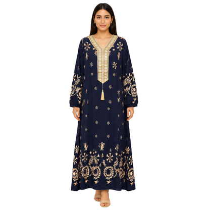 Ladies Long Dress – Embroidered Cotton Blend Casual Maxi Dress for Women