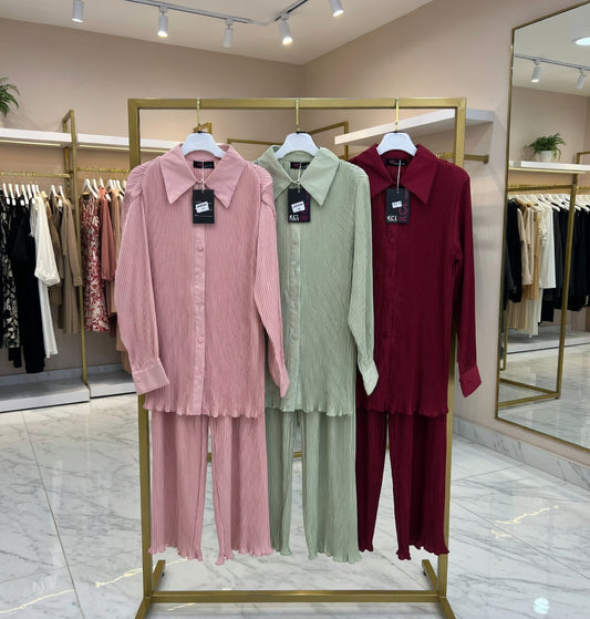 Pink Pleated Shirt & Pants Set