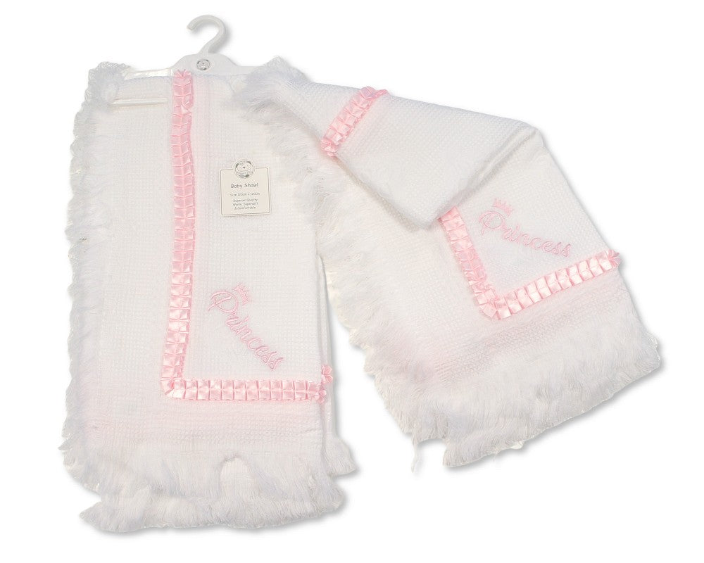 Adorable baby shawl featuring Prince and Princess & Just Arrived embroidery with delicate lace detailing.