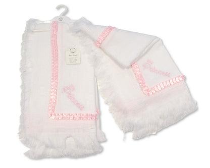 Adorable baby shawl featuring Prince and Princess & Just Arrived embroidery with delicate lace detailing.