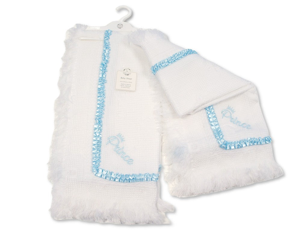 Adorable baby shawl featuring Prince and Princess & Just Arrived embroidery with delicate lace detailing.