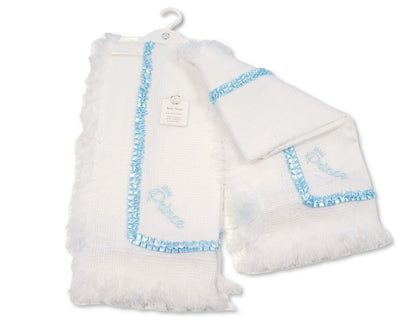 Adorable baby shawl featuring Prince and Princess & Just Arrived embroidery with delicate lace detailing.