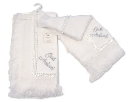 Adorable baby shawl featuring Prince and Princess & Just Arrived embroidery with delicate lace detailing.