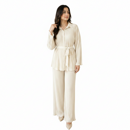 Women's Elegant Pleated Co-Ord Set | Belted Casual Outfit