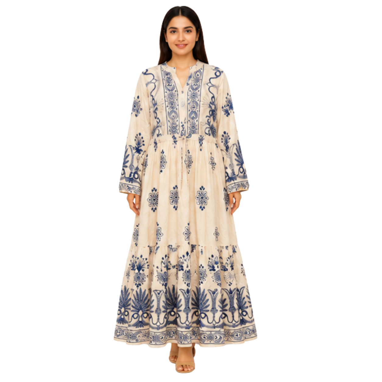 Ladies Long Dress – Printed Cotton Blend Casual Maxi Dress for Women