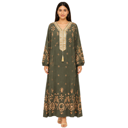 Ladies Long Dress – Embroidered Cotton Blend Casual Maxi Dress for Women