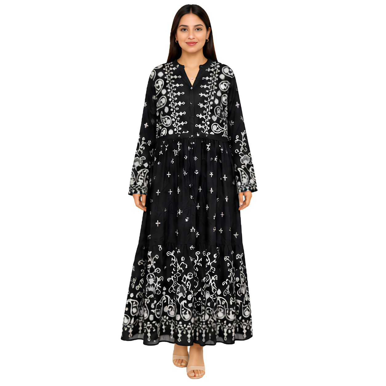 Ladies Long Dress – Premium Cotton Linen Embroidered Maxi Dress for Women