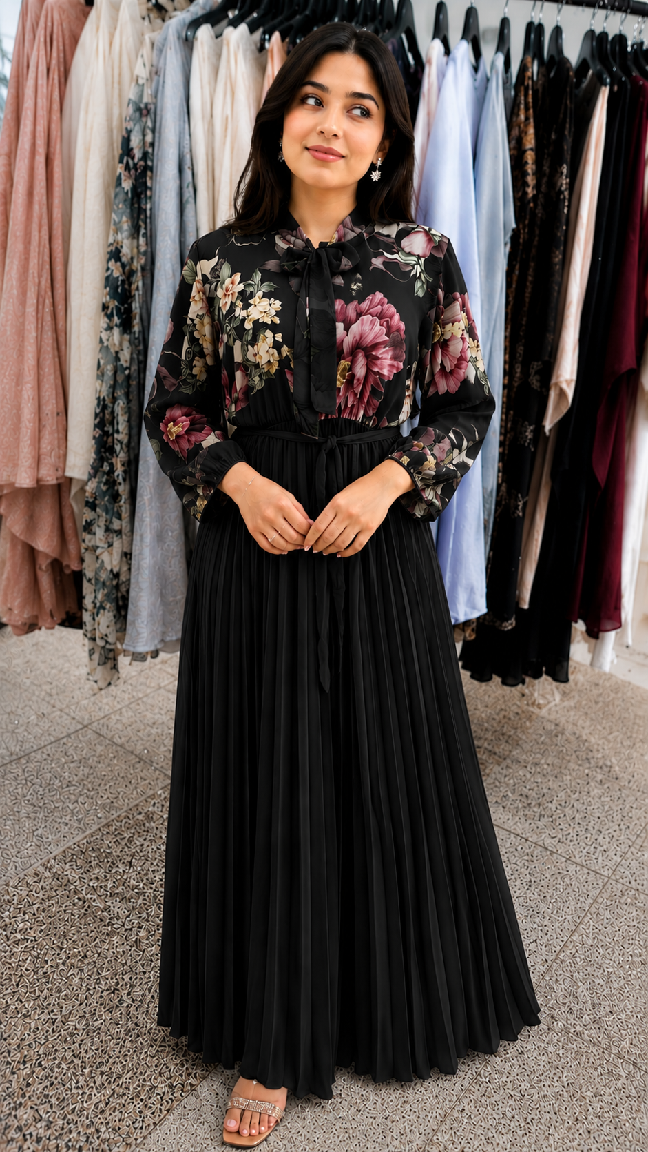 Modest Tie-Neck Floral Maxi Gown
