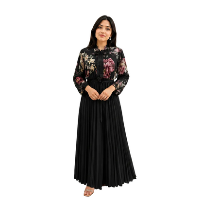 Women's Modest Tie-Neck Floral Maxi Gown Dress