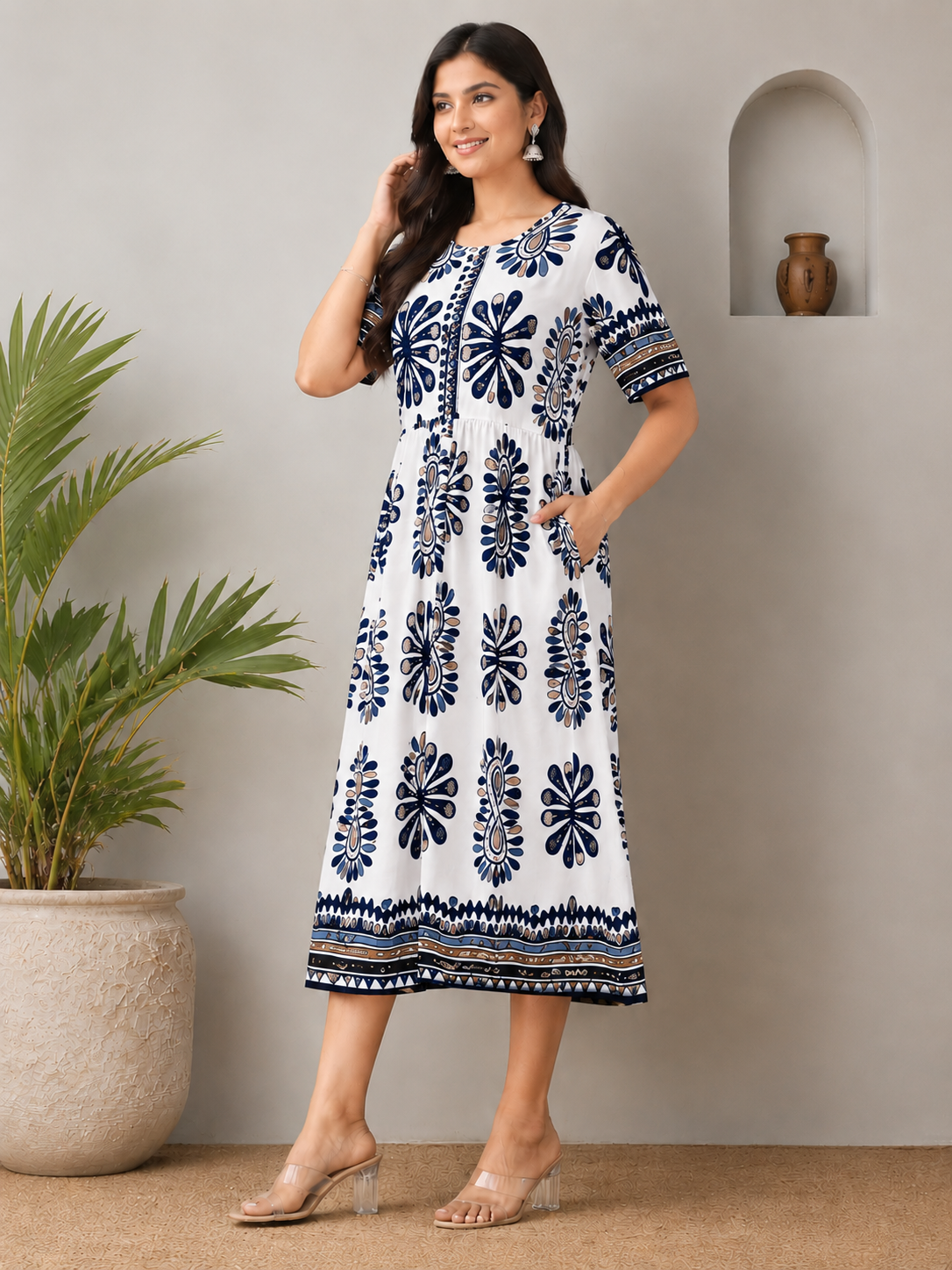 Women's  Floral Printed Midi Dress – Elegant Casual Summer Wear