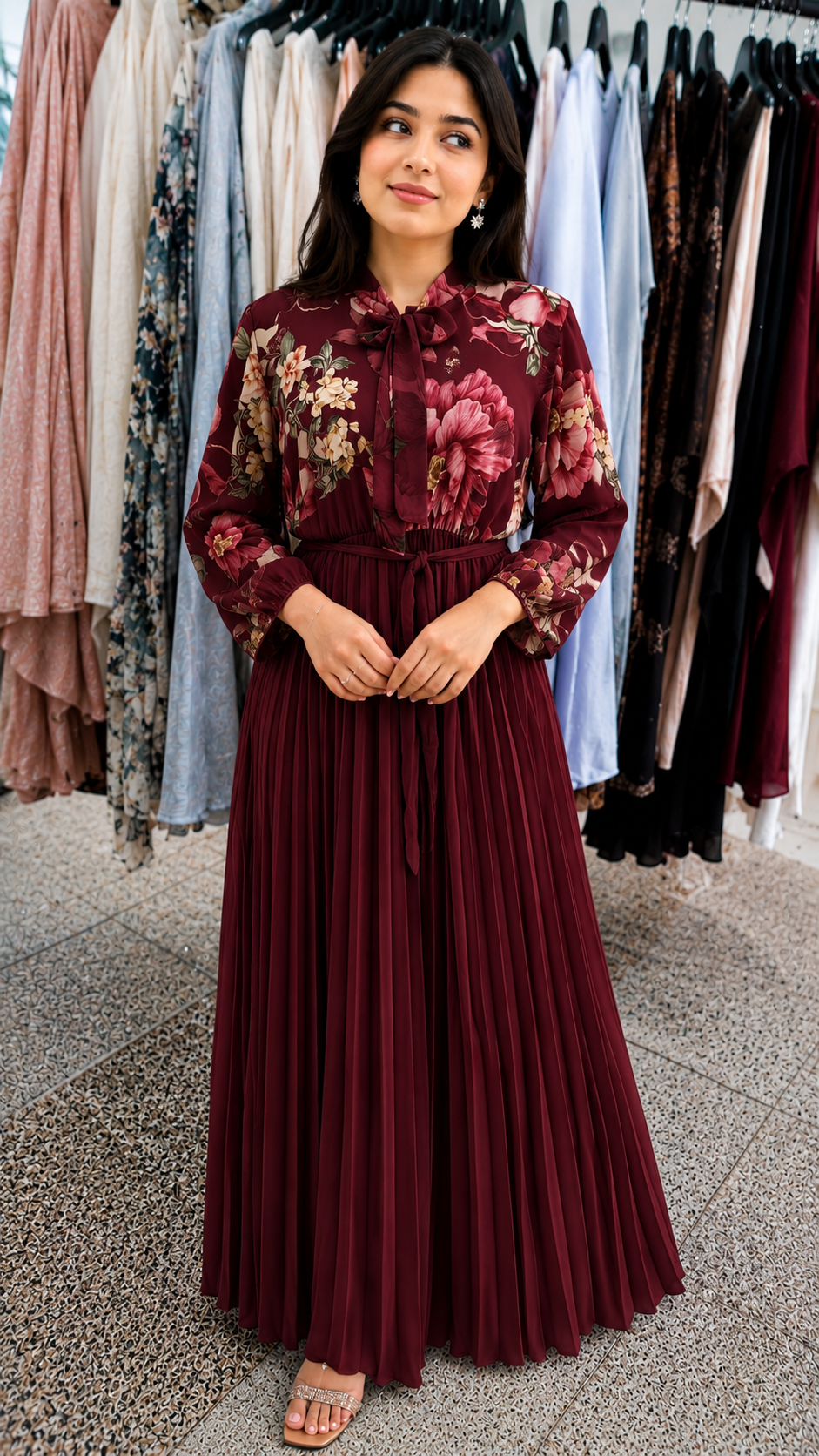 Modest Tie-Neck Floral Maxi Gown