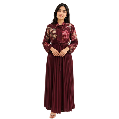 Women's Modest Tie-Neck Floral Maxi Gown Dress