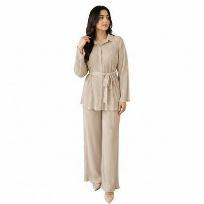 Women's Elegant Pleated Co-Ord Set | Belted Casual Outfit