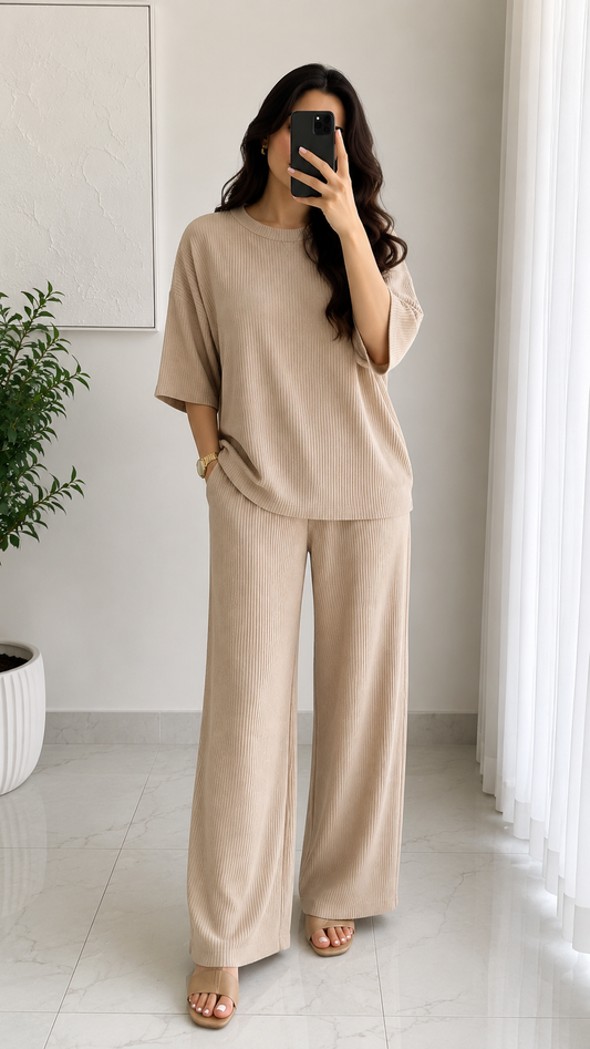 Elegant Beige Ribbed Co-Ord Set for Women | Cozy Minimalist Lounge Wear Outfit