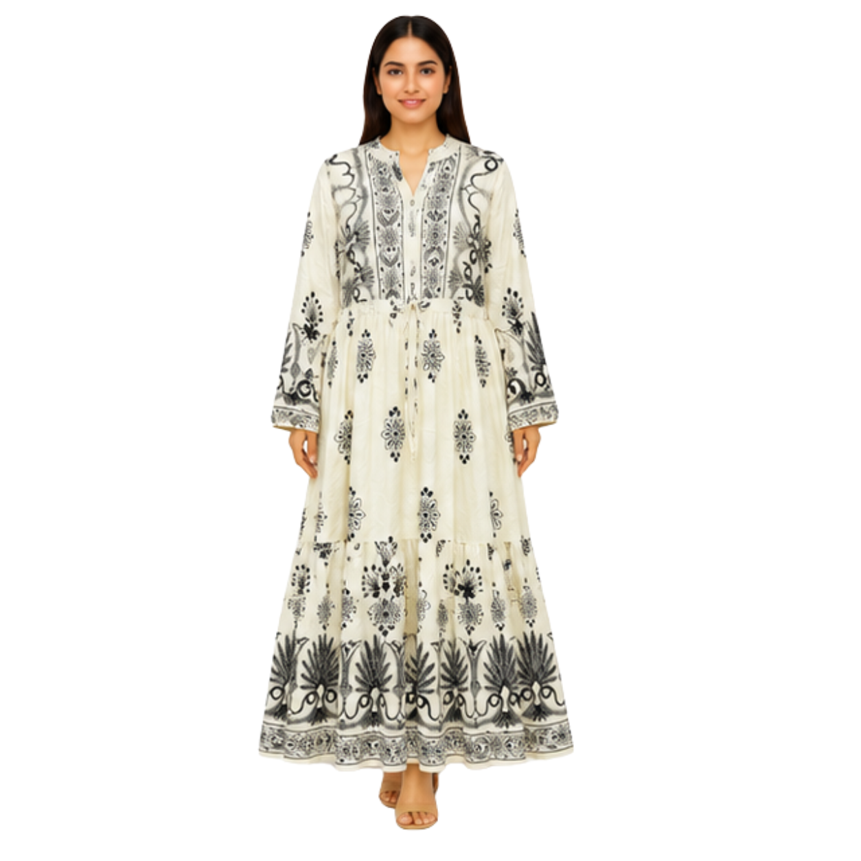 Ladies Long Dress – Printed Cotton Blend Casual Maxi Dress for Women