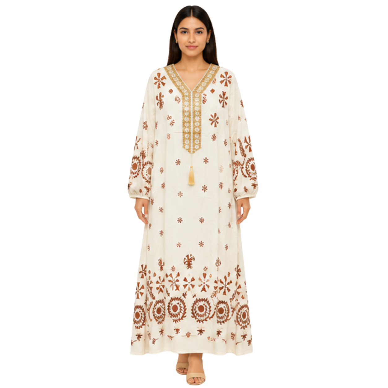Ladies Long Dress – Embroidered Cotton Blend Casual Maxi Dress for Women