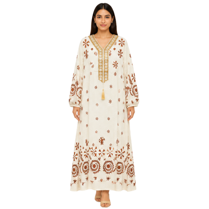 Ladies Long Dress – Embroidered Cotton Blend Casual Maxi Dress for Women