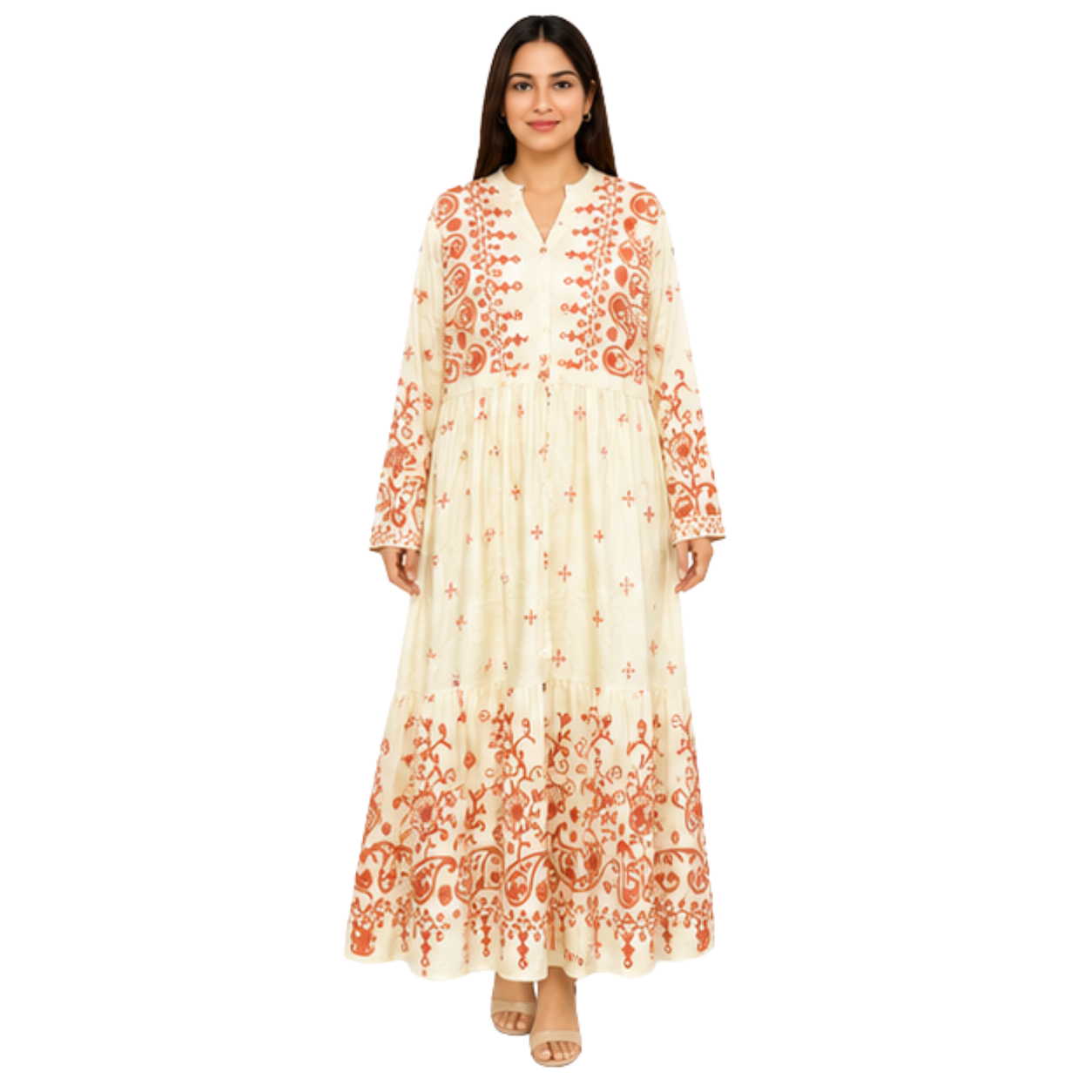 Ladies Long Dress – Premium Cotton Linen Embroidered Maxi Dress for Women