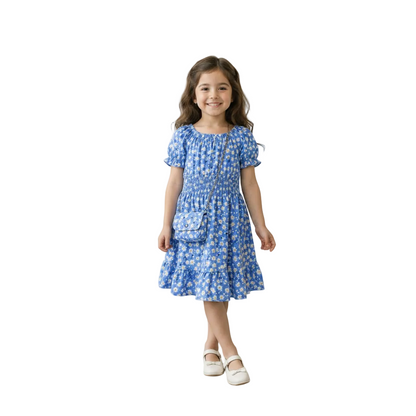 Girls Floral Print Dress | Kids Short Sleeve Summer Dress