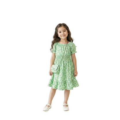 Girls Floral Print Dress | Kids Short Sleeve Summer Dress