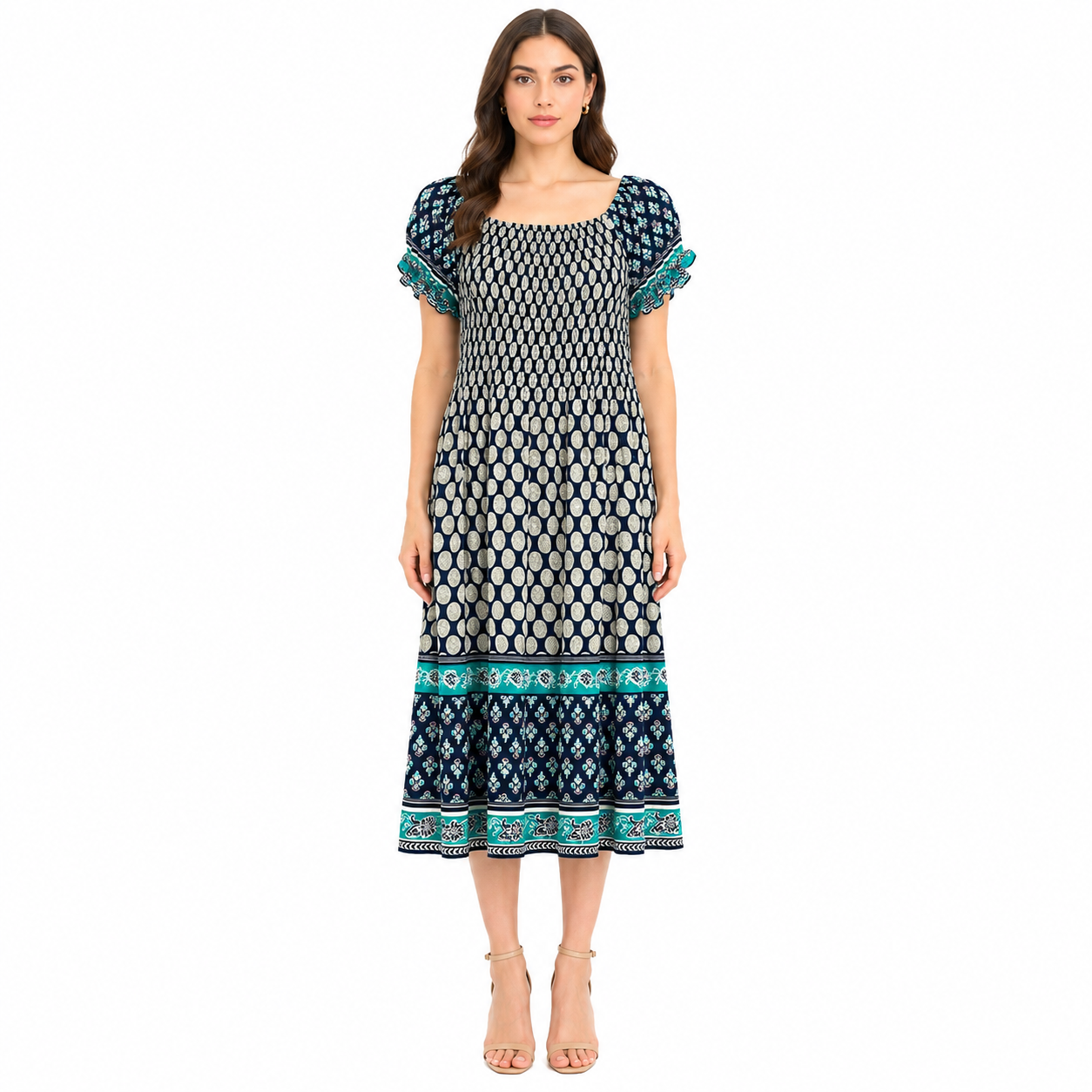 Women's Polka Dot Smocked Bodice Dress with Border Print