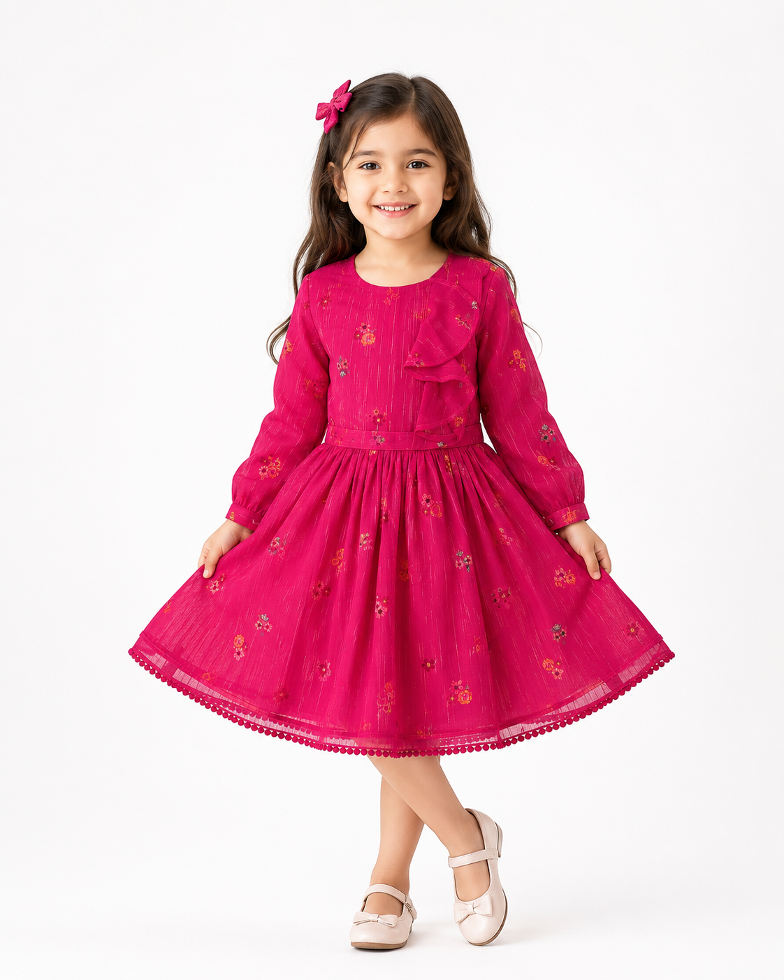 Girls Long Sleeved Dress - Fuschia Floral  (3-8y)  H53593