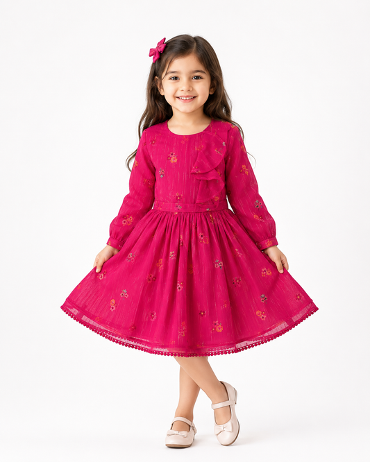 Girls Long Sleeved Dress - Fuschia Floral  (3-8y)  H53593