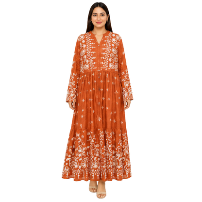 Ladies Long Dress – Premium Cotton Linen Embroidered Maxi Dress for Women