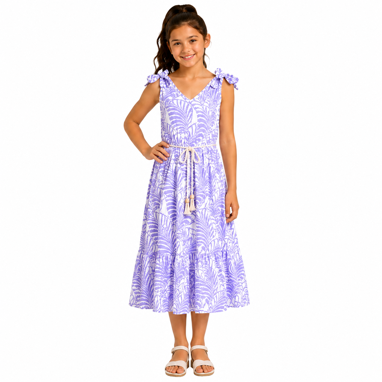 Girls Tropical Leaf Print Sleeveless Midi Dress with Tassel Belt