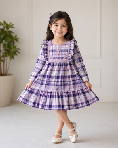 Girls Long Sleeved Dress - Flanel Check Lilac (3-8y)  H53591