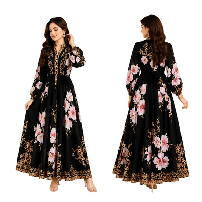 Women's Floral Print Maxi Dress with Matching Belt
