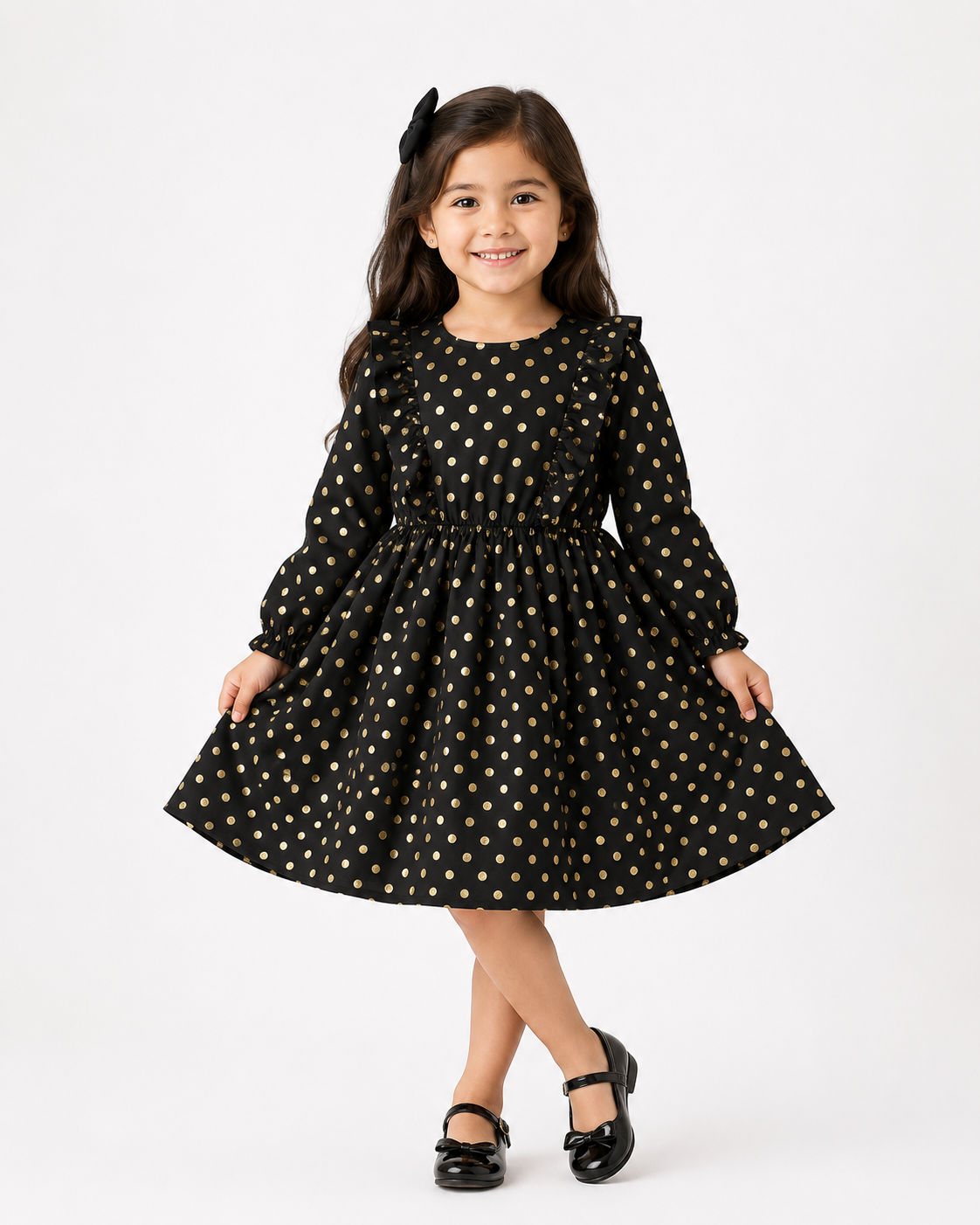Girls Long Sleeved Dress - Gold Polka  (3-8y) H53596