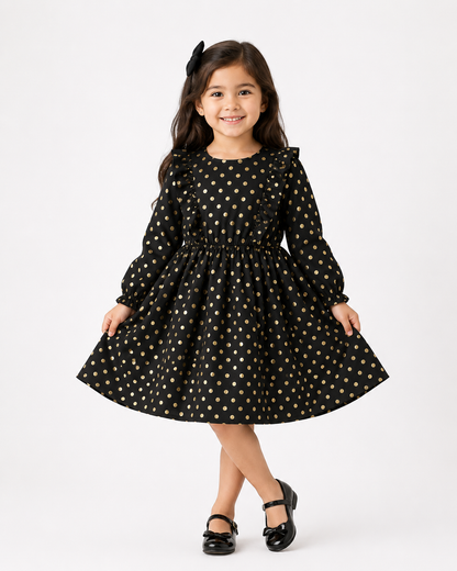 Girls Long Sleeved Dress - Gold Polka  (3-8y) H53596