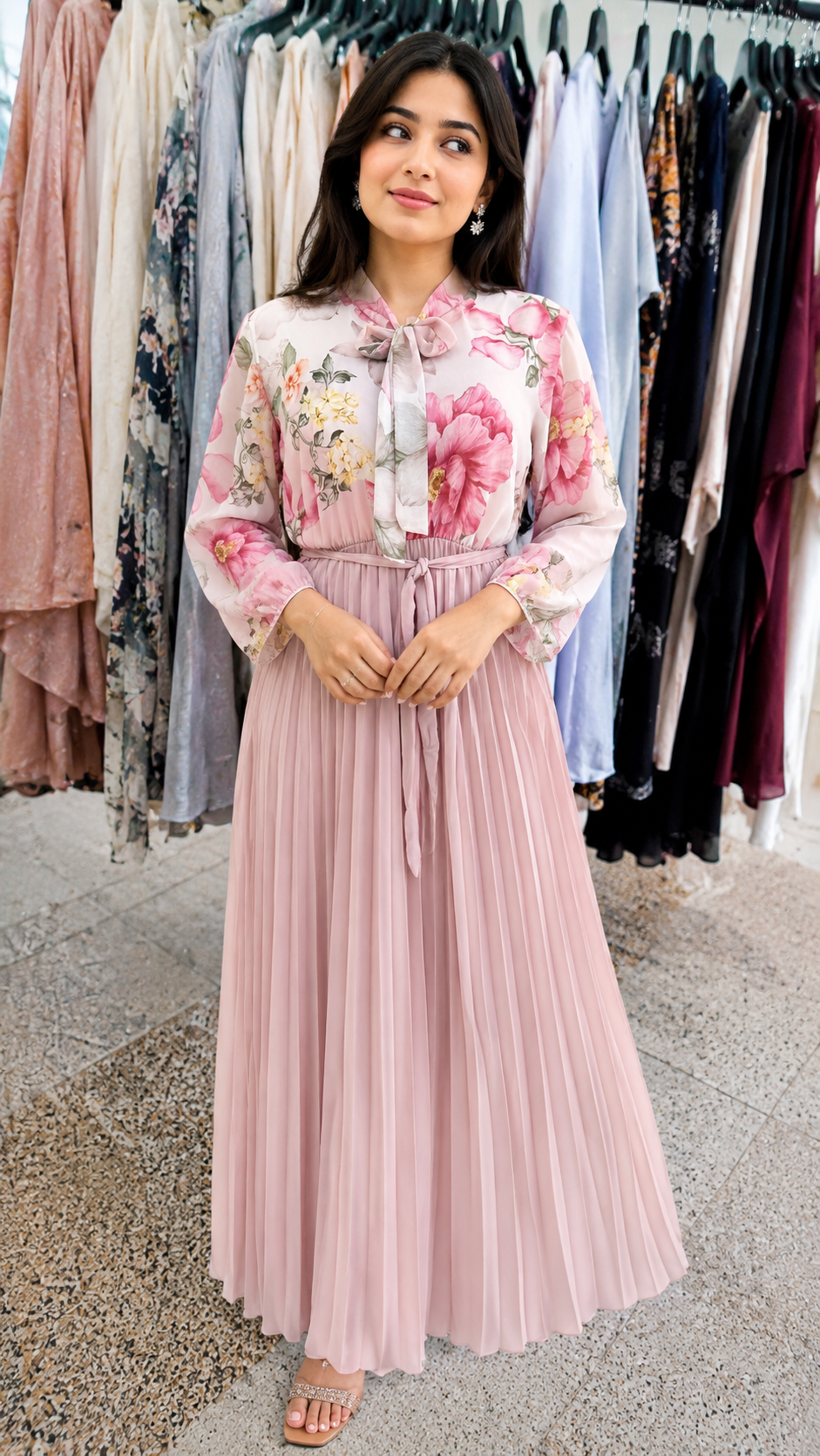 Modest Tie-Neck Floral Maxi Gown
