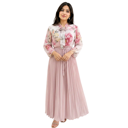 Women's Modest Tie-Neck Floral Maxi Gown Dress