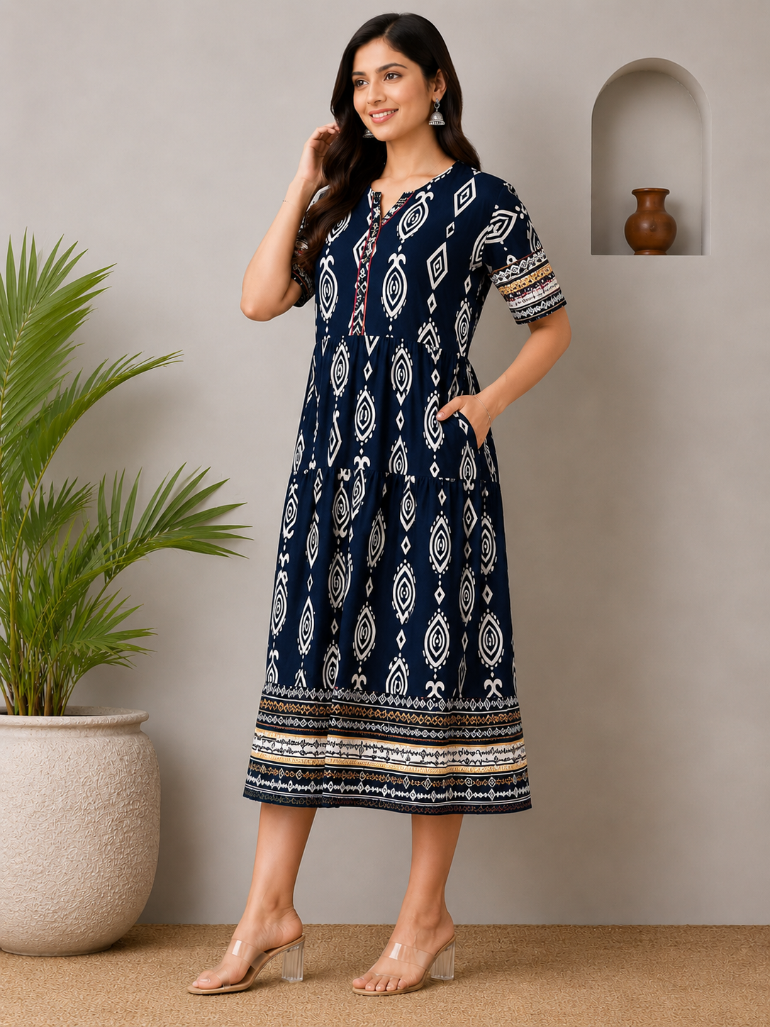 Geometric Print Midi Dress for Women – Elegant Casual Boho Style Dress