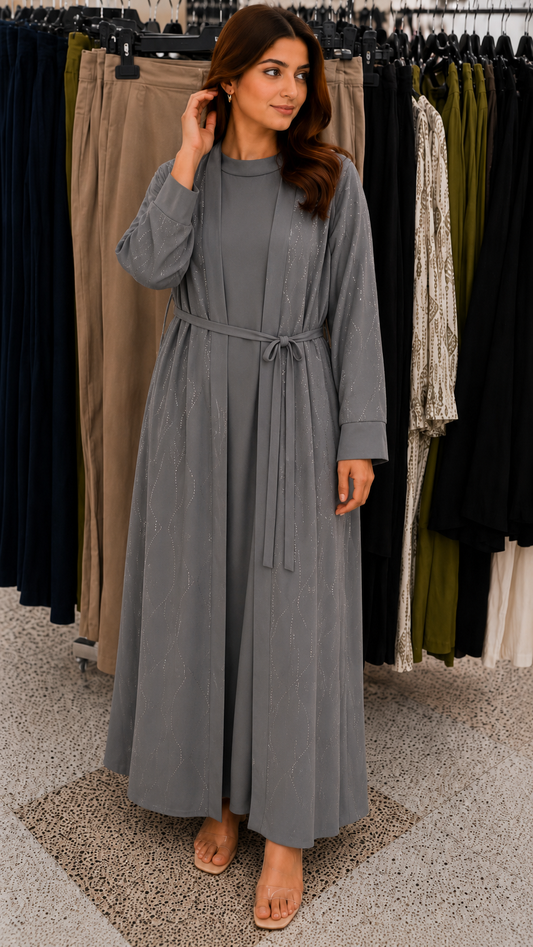 Elegant Beige Modest Maxi Dress Set with Embellished Open Abaya