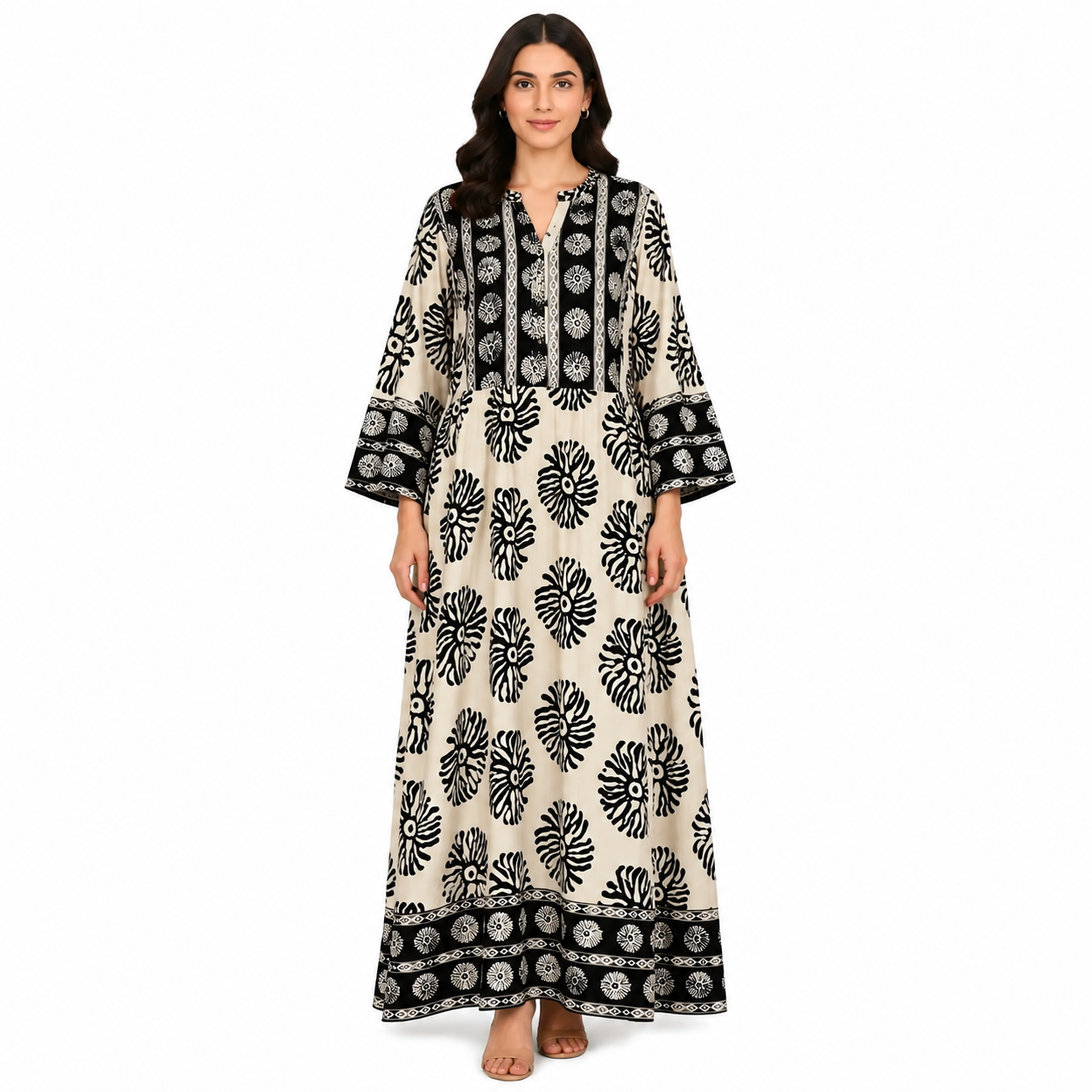 Women's Monochrome Boho Kaftan Maxi Dress | Casual Dress