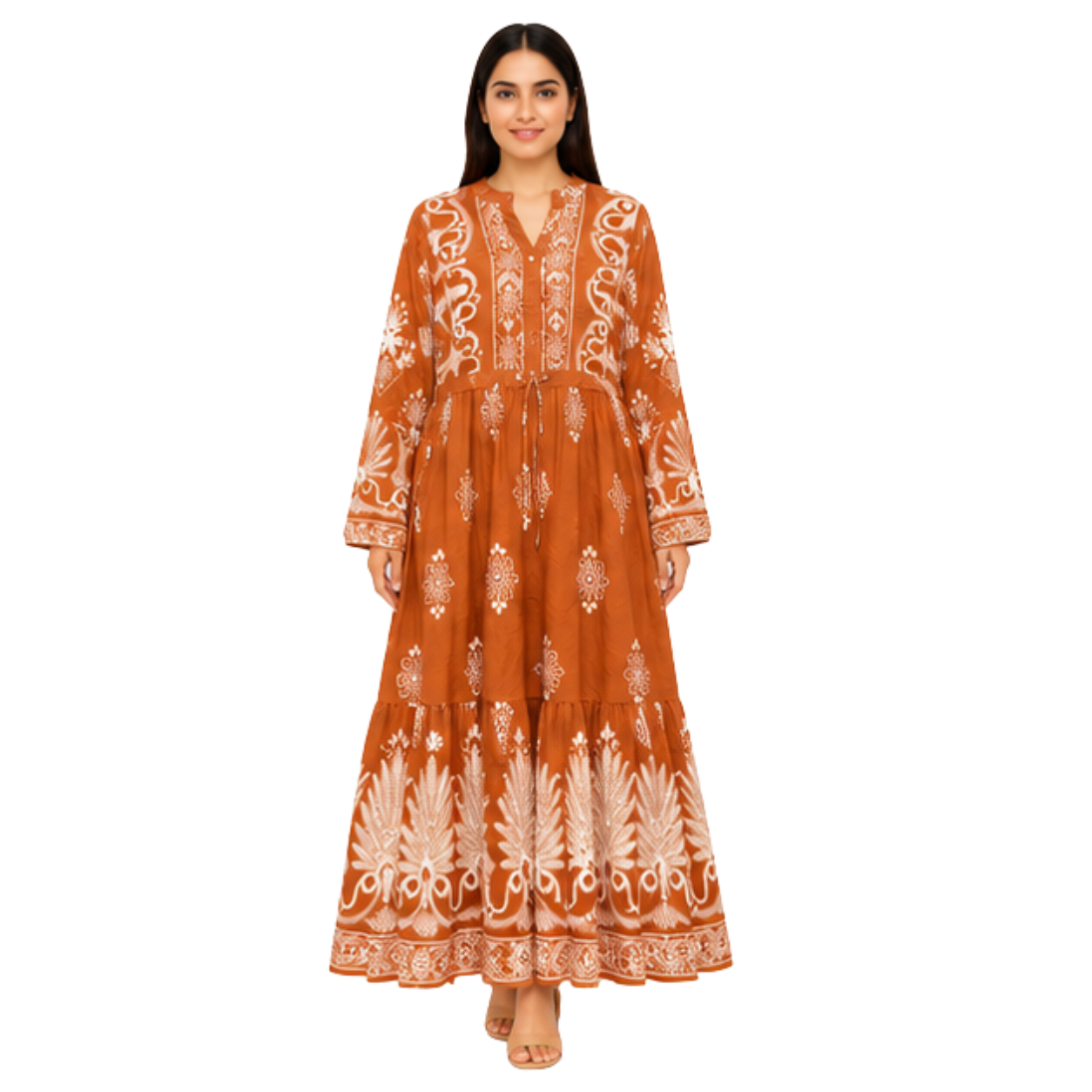 Ladies Long Dress – Printed Cotton Blend Casual Maxi Dress for Women